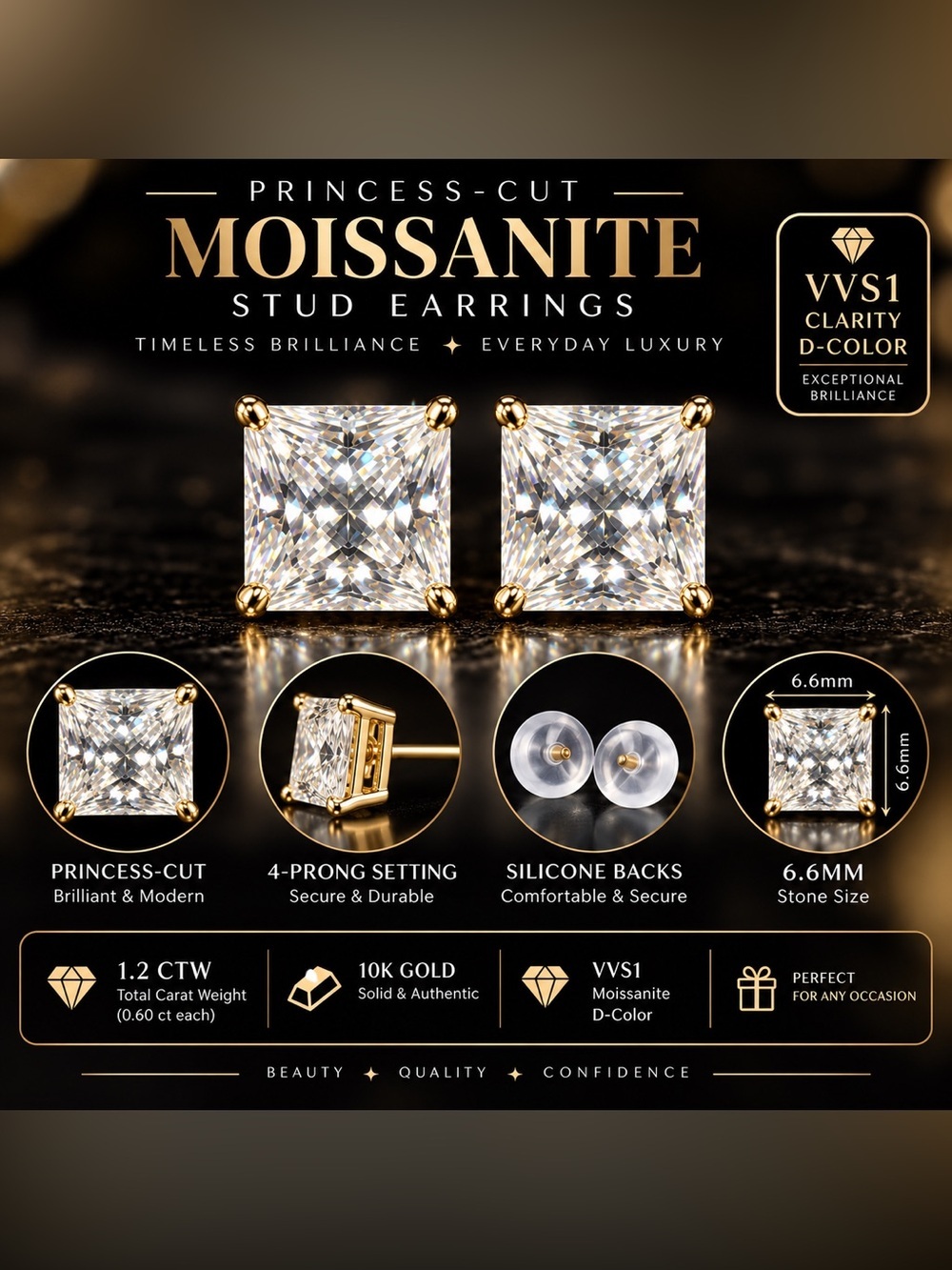 10k Real Gold 1.2ct. VVS1 Moissanite Princess-Cut Stud Earrings - Picture 3 of 17